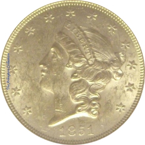 1851 Gold $20 Double Eagle SS Republic Obverse