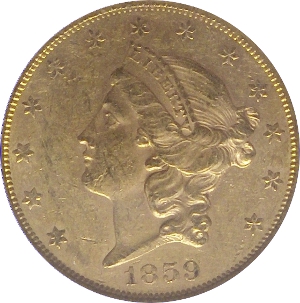 1859 Gold $20 Double Eagle Obverse